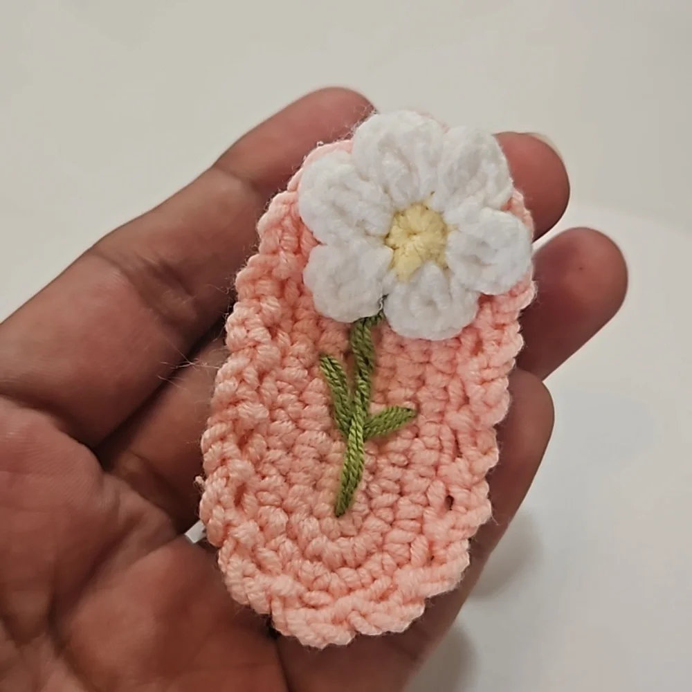 Hand Crafted Crochet Snap Hair Clip Pink and white Flower handmade embroidery